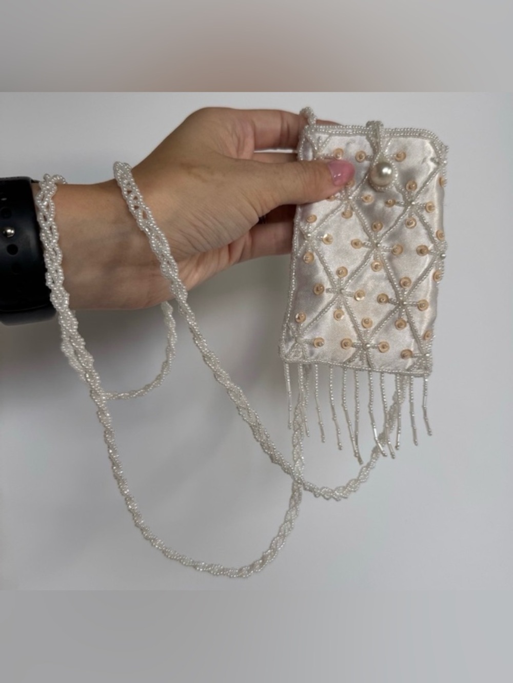 Vintage Fully Beaded White Pearly Crossbody Purse Bag